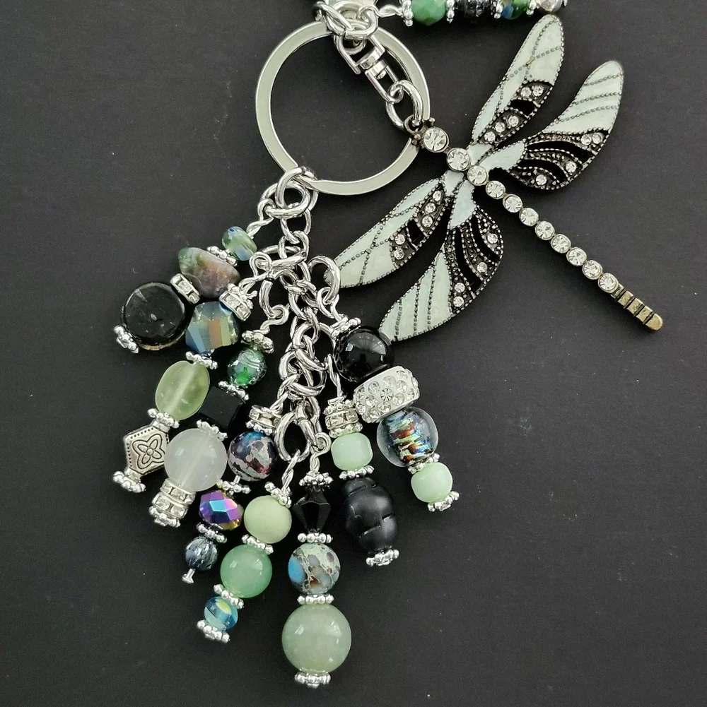 Dragonfly Purse Charm Aventurine Jasper Stone Glass Handcrafted